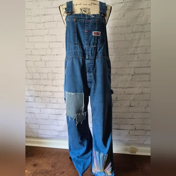 Embroidered Denim Overalls with Floral and Mushroom Design - Picture 3 of 5